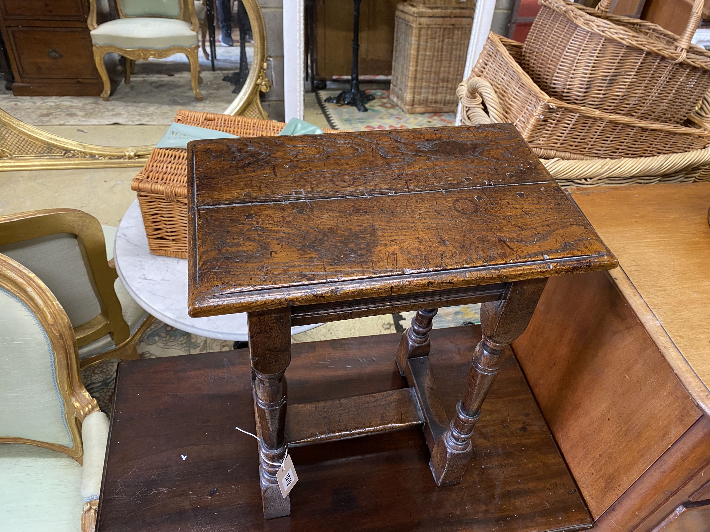 A 17th century style rectangular oak joint stool, length 44cm, depth 28cm, height 55cm